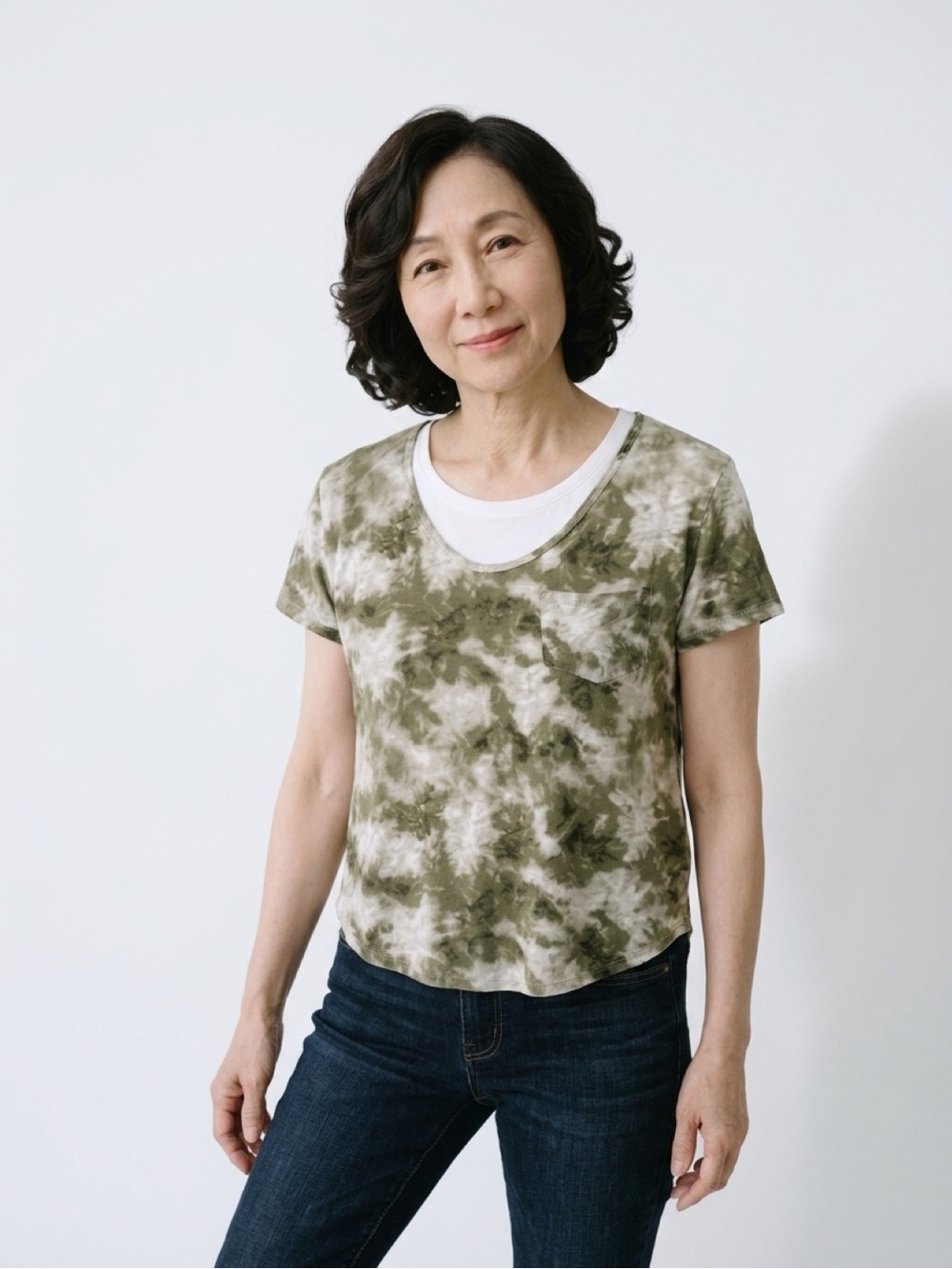 Hollister Olive and White Tie-Dye Scoop Neck Pocket Tee